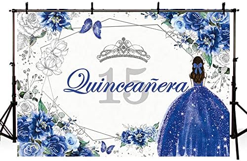 Sendy 10x7ft Quinceanera 15th Doğum Günü Backdrop Tatlı Kız Mis Ayva Anos Parti Süslemeleri Kraliyet Mavi gümüş parıltılı