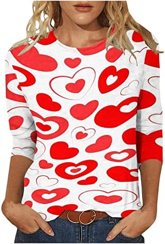Kalp Baskılı Sevgililer Gömlek Kadınlar için 3/4 Kollu Crewneck Tshirt Slim Fit Bluz Tee Üst Rahat Moda Kazak