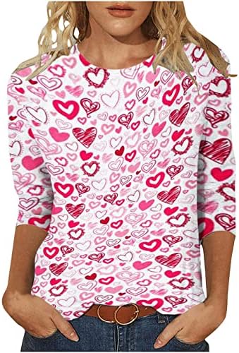 Kalp Baskılı Sevgililer Gömlek Kadınlar için 3/4 Kollu Crewneck Tshirt Slim Fit Bluz Tee Üst Rahat Moda Kazak