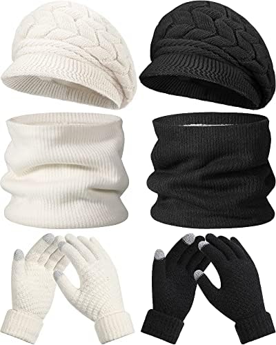 JaGely 6 Adet Kadınlar Kış Şapka Eldiven Eşarp Seti, Örgü Şapka Dokunmatik Eldiven Eldivenler Boyun ısıtıcı Seti