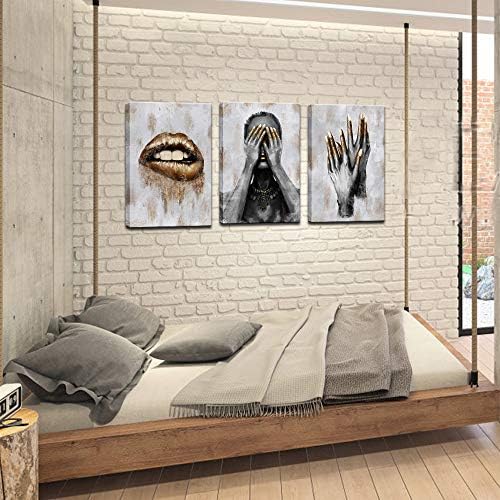 sechars 3 Panel Afro-Amerikan Tuval Duvar Sanatı Siyah Kadın ile Altın Dudak Çivi Boyama Baskılar Yatak Odası Güzellik