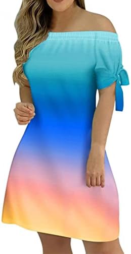 Kadın Moda Degrade Baskı T Shirt Elbise Önlüklü Soğuk Omuz Kısa Kollu Mini Kazak Elbise Plaj Sundress