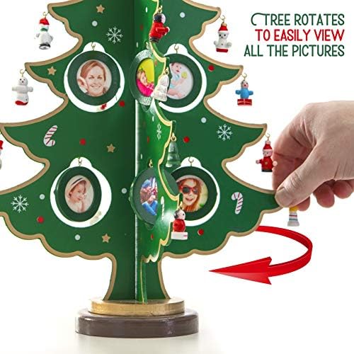 17-İnç Resim Çerçevesi Ahşap Masa Noel Ağacı ile 8 Asılı Resim Çerçeveleri Süsler ve 24 Mini Noel Süsler ile Yıldız