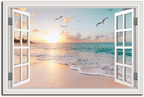 Oturma Odası için Plaj Duvar Sanatı Resmi-Pencere Çerçevesi Tarzı Tuval Duvar Dekoru Okyanus Günbatımı-Yatak Odası