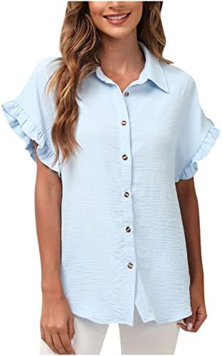 Bayan Yaz Düğme up Tops V Boyun Fırfır Kollu T Shirt Kadınlar için Gevşek Fit Şık Casual Bluz Tunikler