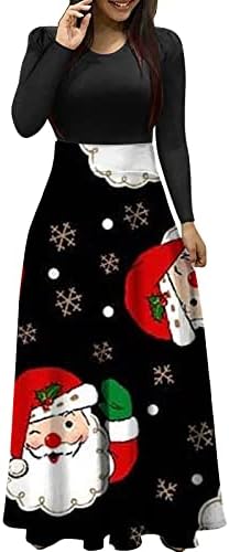 Ruzıyoog Kadın Elbise Noel Uzun Kollu Gevşek Casual Uzun Maxi Elbise 2022 Moda Noel Baba Grafik Kokteyl Elbiseleri