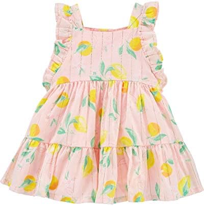 OshKosh B'gosh Kız Bebek Fırfır Detaylı Çarpıntı Kollu Limon Elbise Ayrı Bebek Bezi Kapaklı, Pembe (Beden 9-24 Ay)