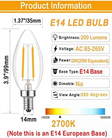 Lamsky E14 LED ampul 2700 K sıcak beyaz 2 W,eşdeğer E14 akkor ampul 20 W-25 W,temizle Vintage E14 Avrupa taban ampul