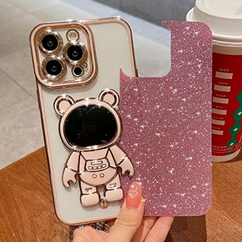 HYUEKOKO Uyumlu iPhone 13 Pro Max 6.7 İnç Bling Kaplama Ayı Astronot Gizli Standı Durumda, temizle Glitter Sevimli