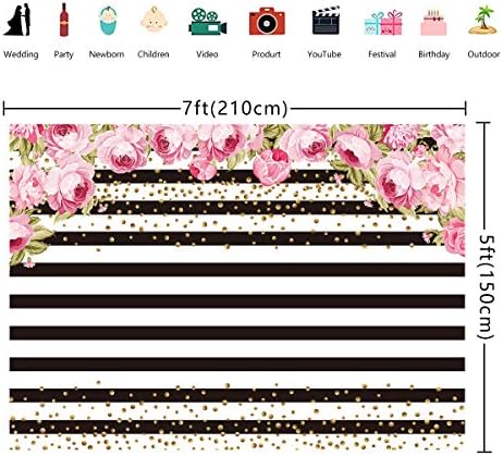 RUINI Polyester Pembe Gül Çiçek Siyah ve Beyaz Şerit Zemin Doğum Günü Partisi Gelin Bebek Duş Düğün Dekor (7x5FT)