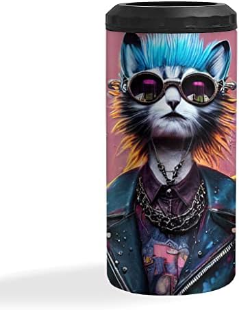 Gözlüklü Sevimli Kedi Sanat Yalıtımlı İnce Kutu Soğutucu-Sanat Baskılı Kutu Soğutucu-Punk Yalıtımlı İnce Kutu Soğutucu