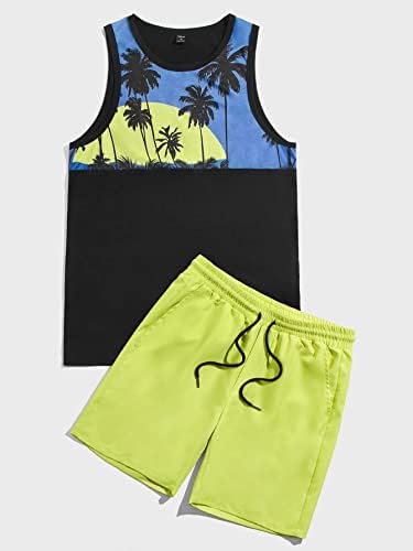 NIBHZ İki Parçalı Kıyafetler Erkekler için Erkekler Tropikal Baskı Colorblock Tank Top ve İpli Bel Şort (Renk: Çok