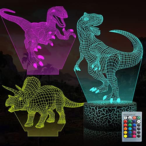 3D Dinozor Led Gece Lambası-3 Desenler Akrilik Plaka ile Gel, 16 Renk Değiştirme ve Uzaktan Kumanda Dino 3D Illusion