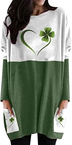 MOUSYA Aziz patrick Günü Elbise Gömlek Kadın Yonca Kalp Uzun Kollu Üstleri Artı Boyutu Renk Blok Kazak Cepler ile