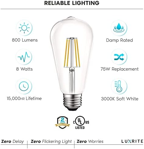 LUXRİTE Vintage LED Edison Ampuller 75W Eşdeğeri, ST19 ST58, 3000K Yumuşak Beyaz, 800 Lümen, Kısılabilir LED Filament