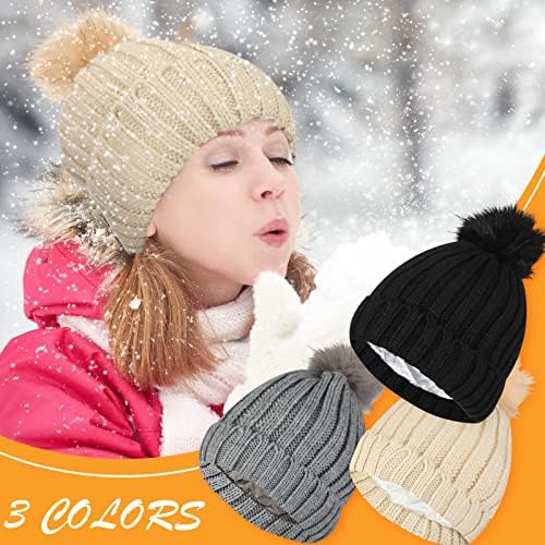 3 Adet Kadın Kış Saten Pom Şapka Örme Kasketleri Pom İpek Astarlı Kış Sıkı Sıcak Şapka Kayak Sıcak Setleri Kadınlar