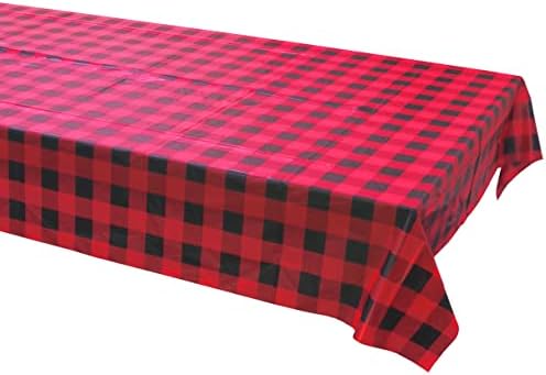 Iconikal Plastik Masa Örtüsü Masa Örtüsü, Kırmızı Bufalo Ekose, 54 İnç x 108 inç, 3'lü Paket