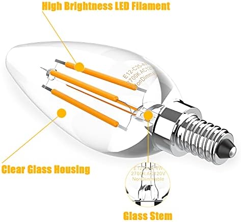 YUIIP E12 LED Mumluk Taban Ampuller, 4 W Klasik Filament Temizle Avize Ampul, eşdeğer 40 W Akkor, sıcak Beyaz 2700