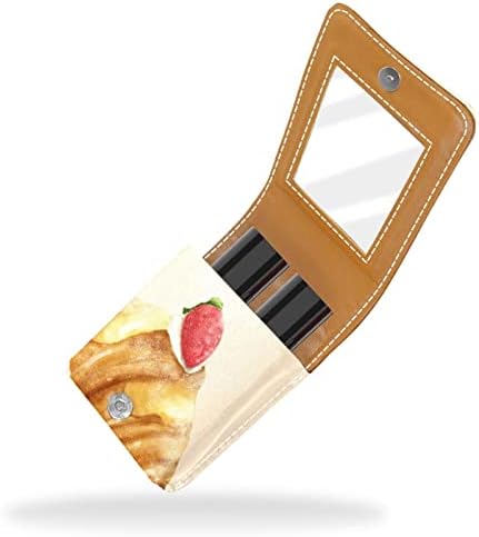 ORYUEKAN Ruj Kılıfı Ayna ile Sevimli Taşınabilir Makyaj Çantası kozmetik torbası, Karikatür Gıda Kruvasan Çilek