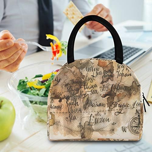 Yalıtımlı öğle yemeği çantası Kadın Vintage Harita Suluboya Büyük Sızdırmaz yemek taşıma çantası omuz askıları ile