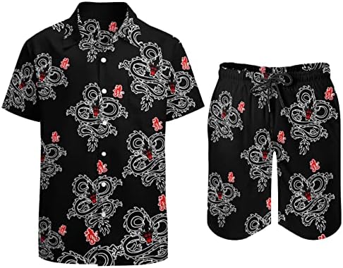 Çin Ejderha Siluet erkek 2 Parça Plaj Kıyafetleri Hawaiian Düğme Aşağı Kısa Kollu Gömlek ve Şort Takım Elbise