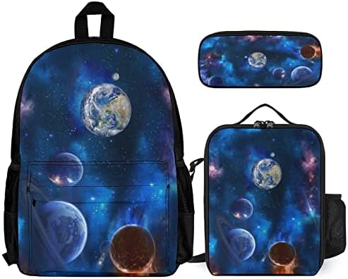 DamTma Galaxy Bookbag ve Öğle Yemeği Kutusu Seti Sırt Çantası 3 Parçalı Set Uzay Gezegenleri Yıldızlar Hafif Sırt