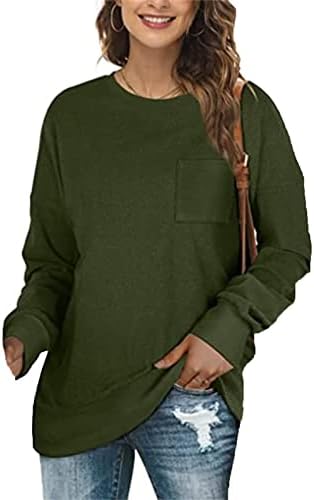 sılunma2021 kadın Rahat Düz Renk T-Shirt Cep Gevşek yuvarlak Boyun Tees Tops Uzun Kollu Kazak Kazak Gömlek Tops