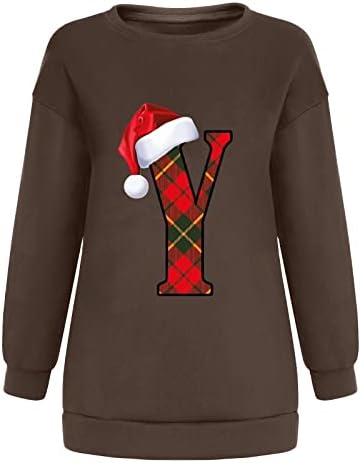 Dnuri Kadınlar Noel T Shirt Bluzlar Tops Y Mektup Santa Şapka Baskı Tişörtü Ekip Boyun Uzun Kollu Kazak Noel Tee