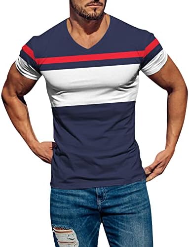 XXBR erkek V Boyun kısa kollu tişörtler, Yaz Renk Bloğu Patchwork Spor Tee Üstleri Atletik Egzersiz Slim Fit Gömlek