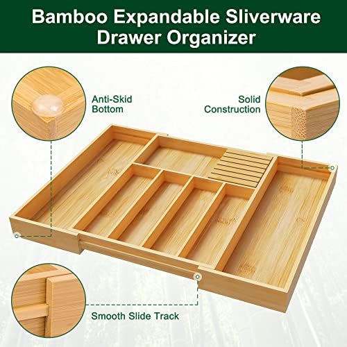 Greenual Bambu Gümüş Organizatör Genişletilebilir Gereçler organizatör Sofra Takımı Depolama Bambu Çatal Organizatör